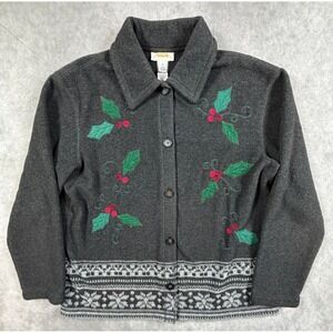 Talbots Vintage Womens Medium Christmas Cardigan Sweater Gray Holly Embroidered
